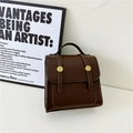 Dark brown vintage PU leather kids backpack with golden buckles and top handle design - Brown