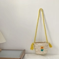 Handwoven straw bag for girls with colorful flower patches and yellow rope strap - Crossbody Style / Yellow