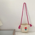 Kids handmade woven straw bucket bag with floral patch and bright pink rope shoulder strap - Crossbody Style / Rose Red