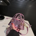 Mini glossy purple patent leather shell bag with metallic finish and gold hardware - Pink
