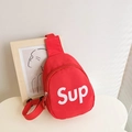 Red canvas kids chest bag with white letter print and adjustable shoulder strap - Red