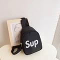 Kids black canvas chest bag with white letter print and durable zipper closure - Black