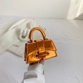 Mini glossy orange patent leather handbag with silver chain and metal ring buckle - Orange