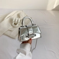 Mini silver mirror handbag with metallic top handle and beaded chain shoulder strap - Silver