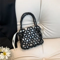 Handmade black beaded handbag for girls with white satin drawstring lining pouch - Black