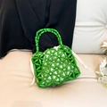 Green beaded handmade woven handbag for girls with star texture and drawstring pouch - Green