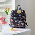 Black kids backpack with cartoon space prints featuring planets and rockets - Black Sunshine