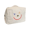 White canvas kids tote bag with colorful embroidered smiley faces and top handle - White