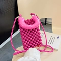 Mini bolso rosa con cuentas para niñas con asa afelpada y correa de cadena dorada - Rosa