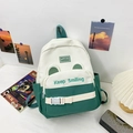 Green and white patchwork canvas backpack with cute ear detail and Happy Day label - Large / Green
