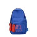 Blue nylon mini crossbody bag for kids featuring 21 PLRLU print and red hanging strap - Large / Blue