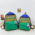 Kids canvas backpack in blue khaki green color block with astronaut charm - Small / Blue