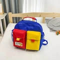 Canvas kinderrugzak met kleurblokken in blauw rood en geel met schattige beren-patch - Blauw