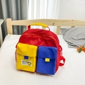 Kids color-block canvas backpack in red, yellow and blue with cartoon bear patch - Red