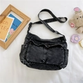 Sac bandoulière enfant en denim gris foncé avec plusieurs poches et sangle réglable - Noir