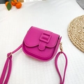 Mini rose red saddle bag in lychee pattern faux leather with gold hardware for girls - Rose Pink