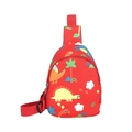Red kids dinosaur chest bag featuring cartoon dinosaur prints and adjustable strap - Red