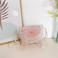 Bolso bandolera de paja para niña con lazo de malla rosa y detalles de perlas - Beige con lazo rosa