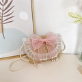 Schattige strooien schoudertas voor kinderen met roze organza strik en parels - Khaki met roze strik