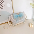 Schattige beige geweven crossbodytas voor kids met blauwe strik en kantwerk - Beige met blauwe strik
