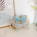 Stro schoudertas voor kinderen met lichtblauwe tule strik en parels in beige - Khaki met blauwe strik