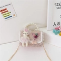 Mini bolso bandolera de lentejuelas rosas para niña con asa de perlas y peluche - Conejito Rosa