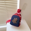 Marsupio rosso per bambini a tema dinosauro con tasca blu e patch 3D triceratopo - Rosso con dinosauro marrone