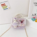 Purple sequin girls purse with bunny doll, white lace edge and pearl handle strap - Bunny Purple