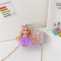 Sparkly purple sequin girl's handbag with doll detail, pearl handle and gold chain - Little Girl Purple