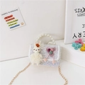 Mini blue tweed girls bag with pearl handle and 3D bunny ornament with gold chain - Little Rabbit White