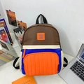 Kids color-block canvas backpack featuring happy rabbit patch in brown and blue - Large / Brown