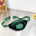 Kids trendy black leather waist bag with green DOD lettering and nylon strap - Black & Green