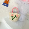 Kids woven straw basket bag with pink floral accents and silk wrapped handle - Pink