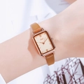 Gedi rectangular quartz watch with rose gold case and brown leather strap on wrist - Rose Gold Case Yellow Dial Brown Strap