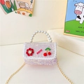 Pink tweed girls mini handbag with pearl handle, lace trim, and cherry charms - Style 1 Pink