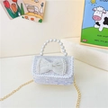 Elegante hellblaue Pailletten-Handtasche für Mädchen mit Perlenbogen und Kette - Stil 2 Weiß