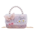 Sac bandoulière enfant en tweed rose et violet avec poignée en perles et nœud - Nœud Papillon en Maille Rose (Style 1)