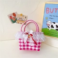 Pink and white checkered woven girl's handbag with lace trim and strawberry pendant - Style 1 Pink