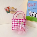 Pink and white woven girl's handbag featuring a princess doll with a sequin tutu skirt - Style 2 Pink