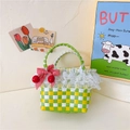 Green and yellow woven beach bag with lace trim and cherry charm for girls - Style 3 Green
