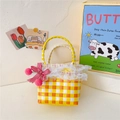 Yellow and orange woven girls tote bag with white lace trim and pink pom-pom charms - Style 3 Yellow