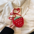 Handmade strawberry crochet shoulder bag for girls with red yarn and green leaf detail - Red