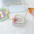 Mini borsa argento glitterata con coniglio rosa e manico di perle per bambina - Stile 1 / Bianco