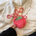 Pink strawberry handmade crochet mini crossbody bag for girls with green leaf detail - Pink