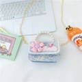 Mini blue tweed girls crossbody bag with pearl handle and pink flower decoration - Style 1 Blue