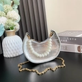 Mini borsa argento coccodrillo con manico di perle grandi e catena dorata - Con Manico / Argento