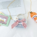 Mini blue sequin girl handbag with pink bow, pearl handle and flower chain strap - Style 2 Blue