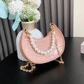 Pink crescent handbag for girls with crocodile pattern and elegant pearl handle - With Handle / Pink