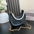 Mini black crocodile embossed semi-circle princess bag with white pearl handle and gold chain - With Handle / Black