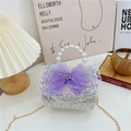 Bolso bandolera de tweed plateado para niñas con lazo morado, asa de perlas y cadena - Estilo 1 Blanco